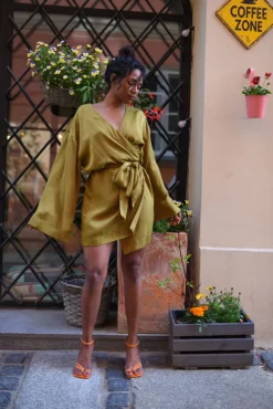 Sukienka Kimono Satin Khaki