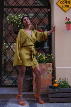 Sukienka Kimono Satin Khaki